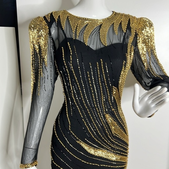 Nite Line Sz 10 Black Silk Gold Bugle Beaded Full Length Side Slit Dress Gown - Picture 3 of 16